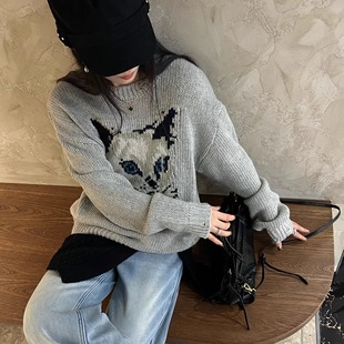欧货站慵懒风卡通猫咪图案 灰色圆领宽松羊毛针织毛衣女长袖上衣
