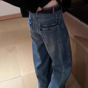 女腰包长裤 加绒显瘦高腰宽松直筒裤 新款 时髦后口袋抓绒阔腿牛仔裤