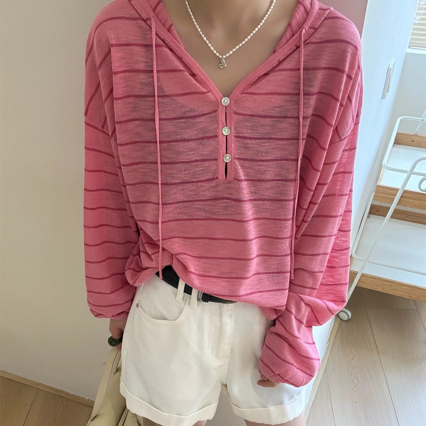 夏季薄款连帽针织衫空调衫松弛感宽松休闲透气长袖条纹帽衫女上衣