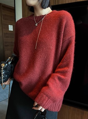 带细闪 亮晶晶的柔软浣熊绒毛衣 喜庆年红柔软套头红色毛衣女上衣