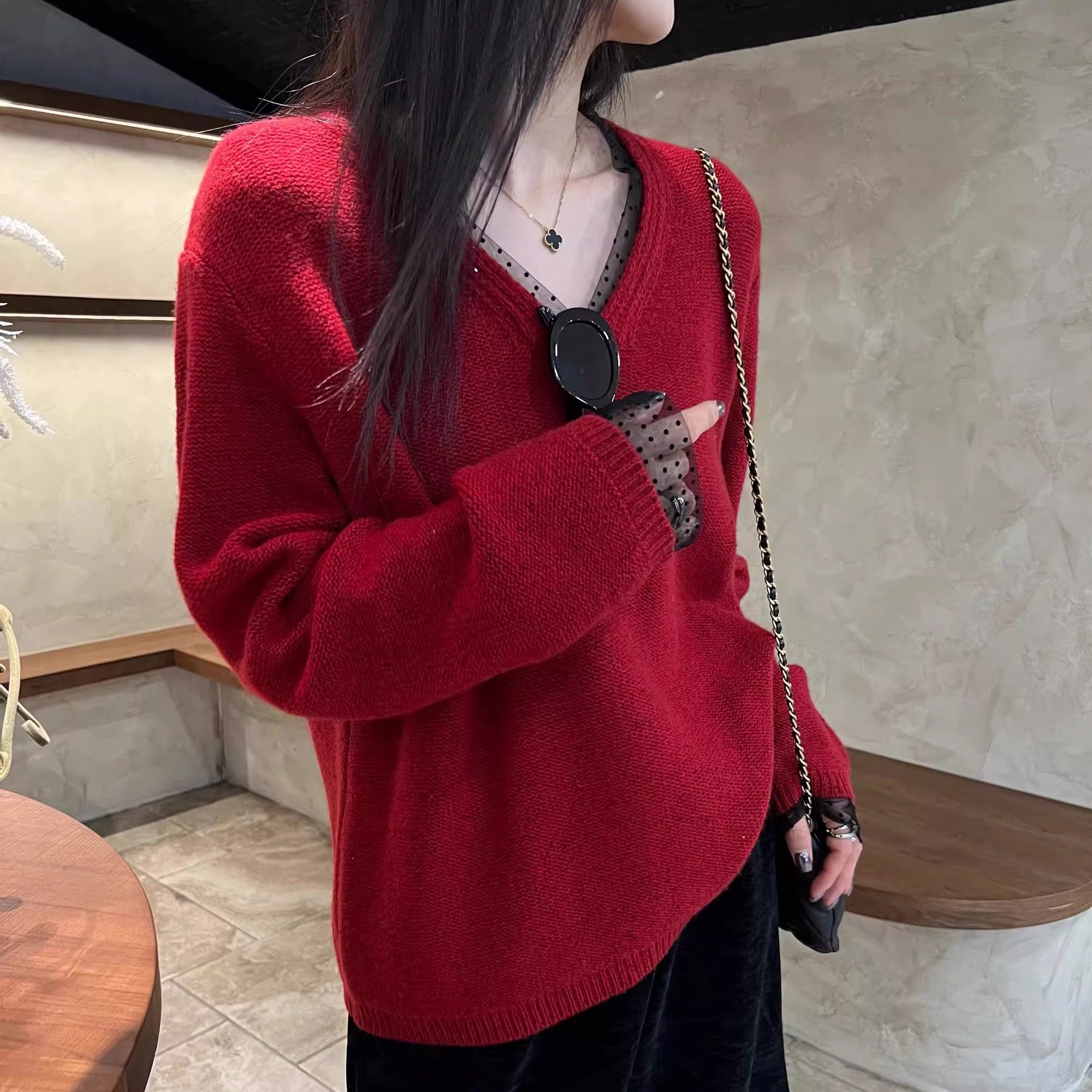 韩系温柔蕾丝花边拼接红色羊毛毛衣女 洋气假两件宽松套头女上衣,女装/女士精品,毛针织衫,淘宝优惠券,粉丝福利购,淘宝优惠卷