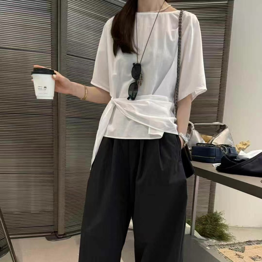 不规则设计感绑带打结短袖T恤
