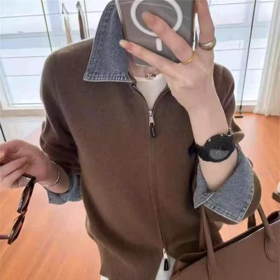 拼接牛仔翻领假两件羊毛针织衫