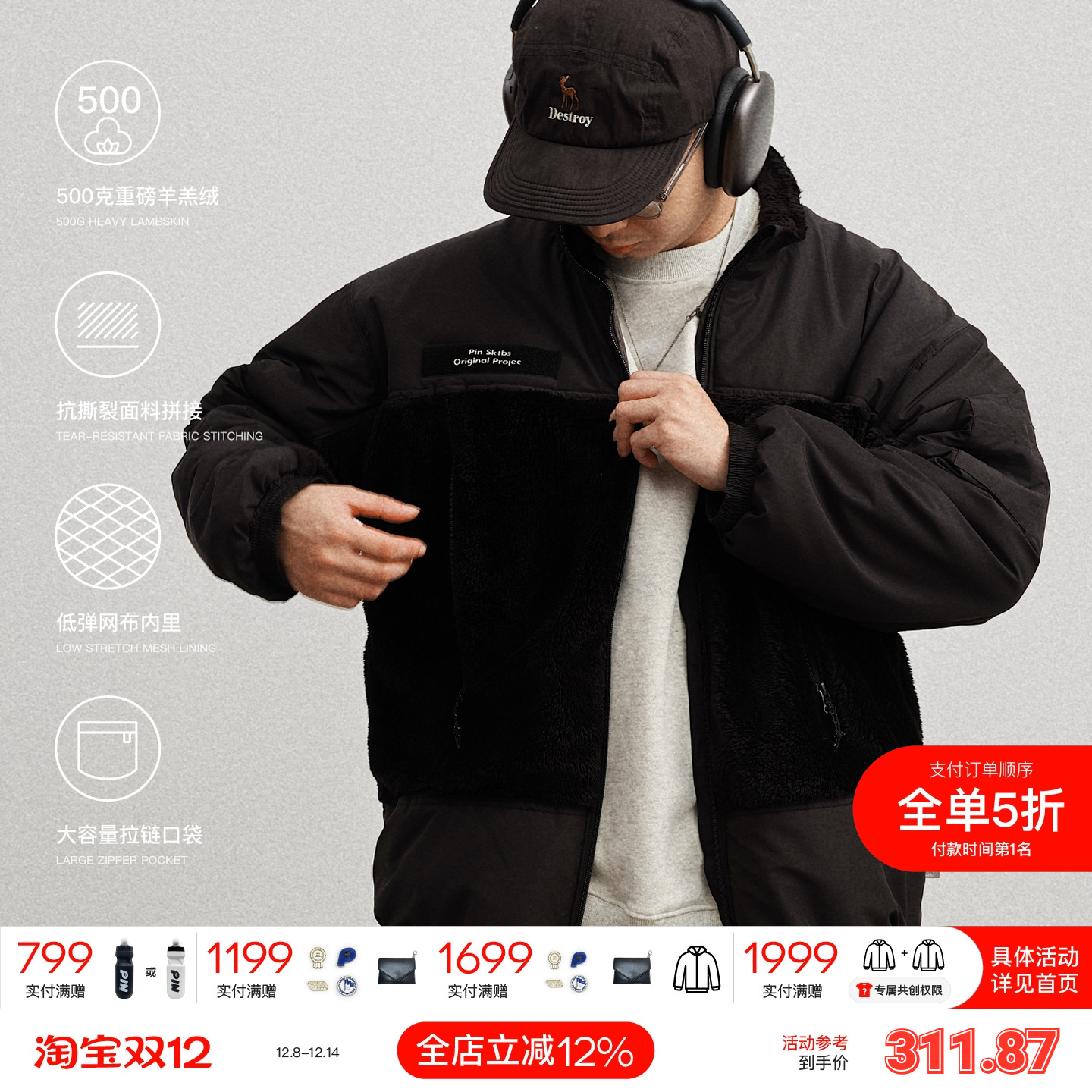 PIN SKTBS 春秋日系宽松休闲拼接羊羔绒加绒户外防风保暖夹克外套