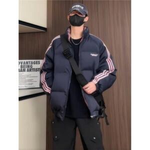 美式高街冬季棉衣外套男撞色格子刺绣logo本布织带设计感情侣棉服