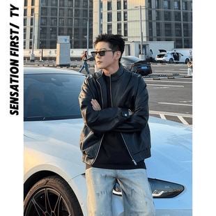 百搭拼接结构圆领皮衣痞帅感短款 美式 皮夹克 秋季 田野L