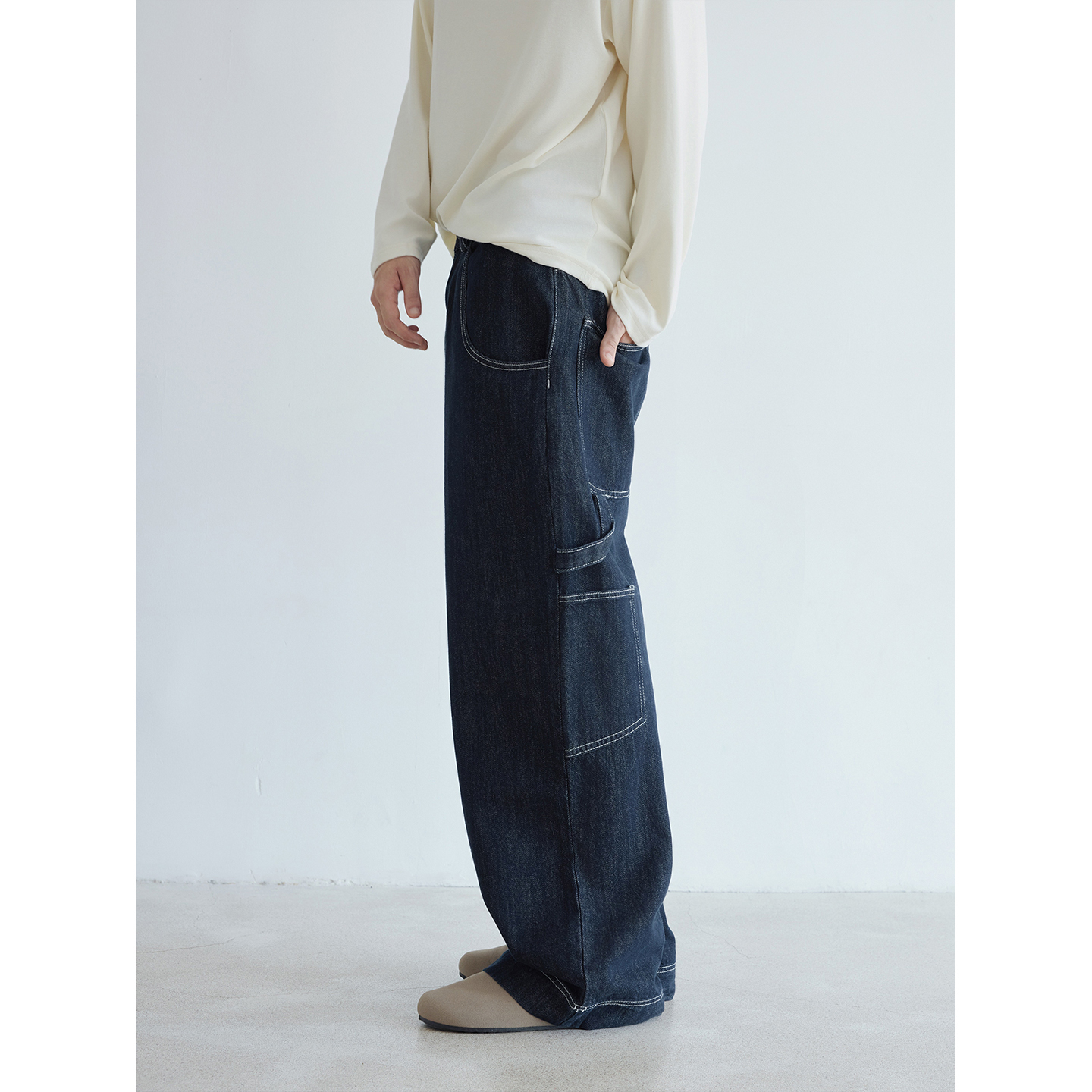 日系复古丹宁色重工直筒牛仔裤