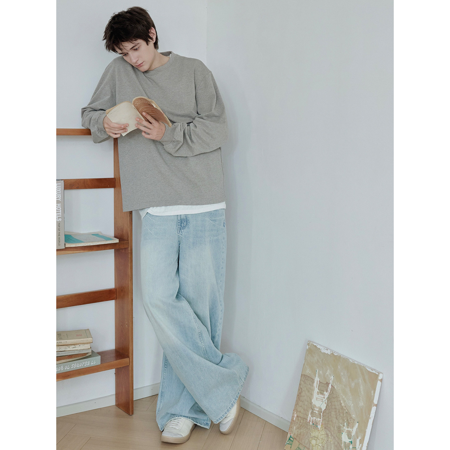衣疫 颜色干净的水洗蓝牛仔裤 百搭cleanfit风阔腿直筒牛仔长裤男