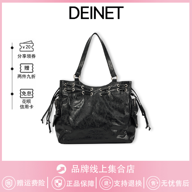 【现货】韩国Deinet复古机车柳钉拉链抽绳斜跨包大容量托特包新款