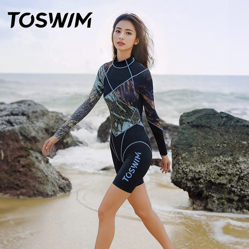 TOSWIM游泳衣女保守遮肉显瘦高级感防晒长袖及膝泡温泉冲浪游泳衣