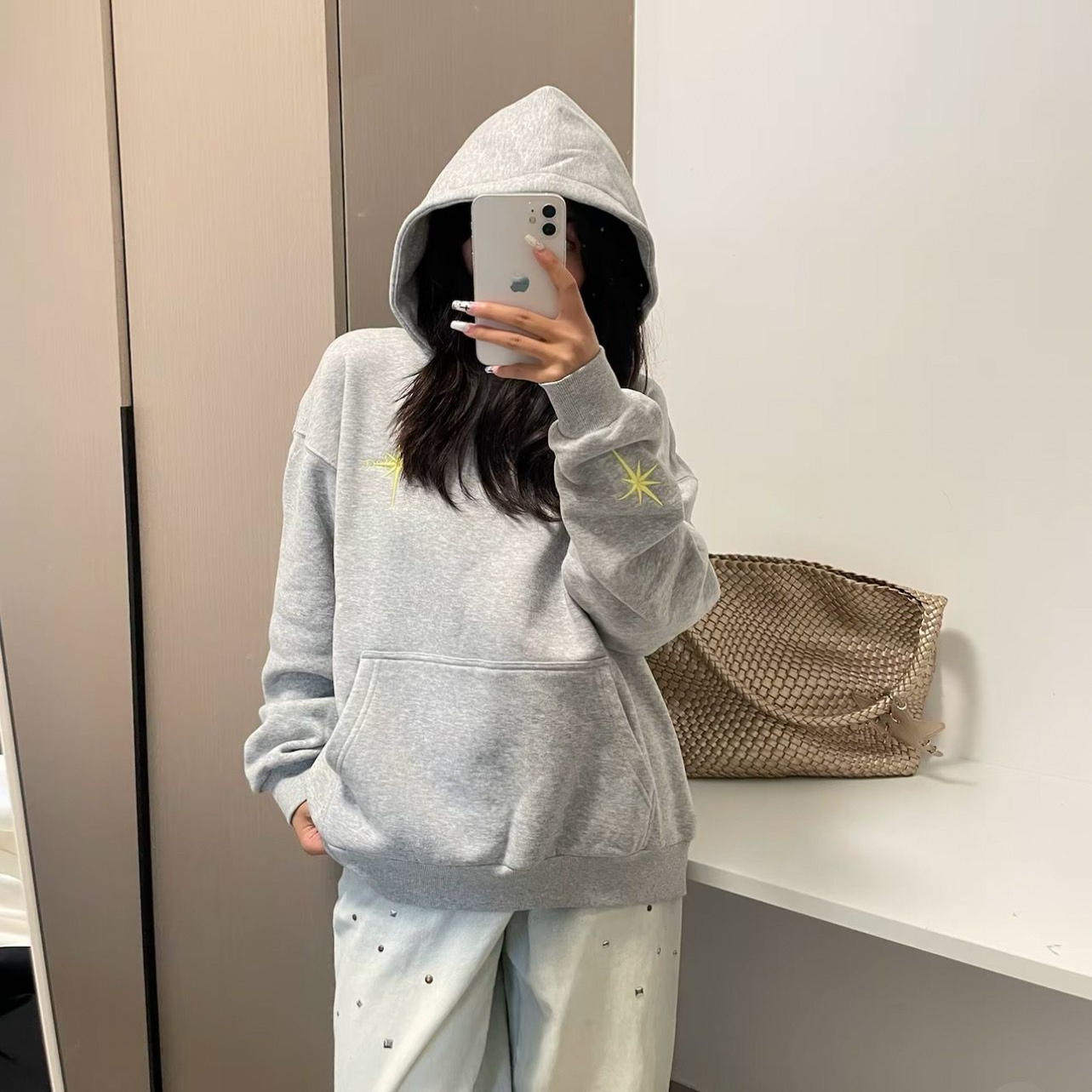 美式复古高街加绒加厚连帽卫衣女