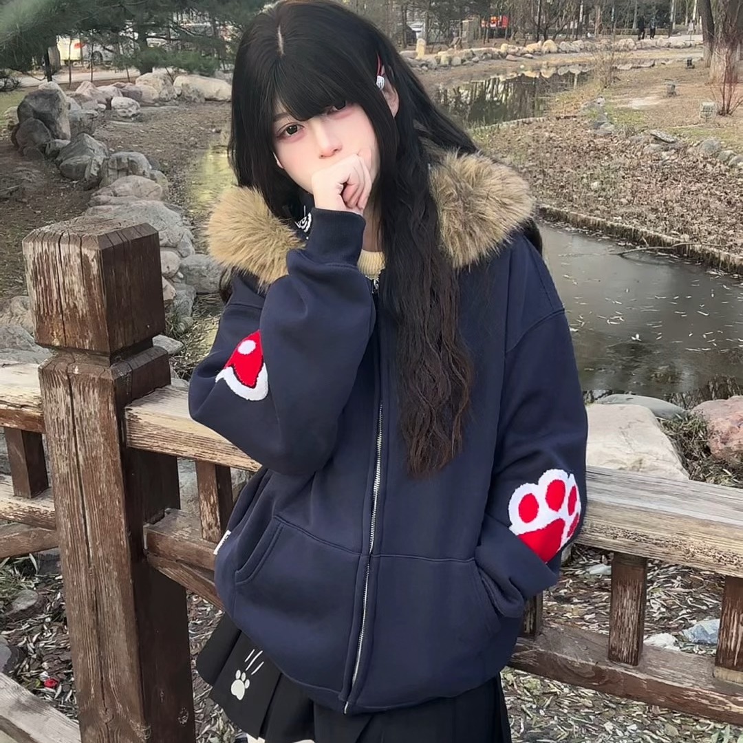 美式卡通刺绣加绒加厚连帽卫衣女