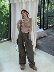 复古直筒休闲裤 维忆Rae新款 美式 女高腰抽绳阔腿裤 宽松工裤