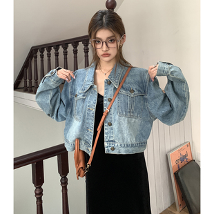 维忆Rae新款 显瘦短外衣潮 复古蓝色休闲牛仔外套女设计感时尚