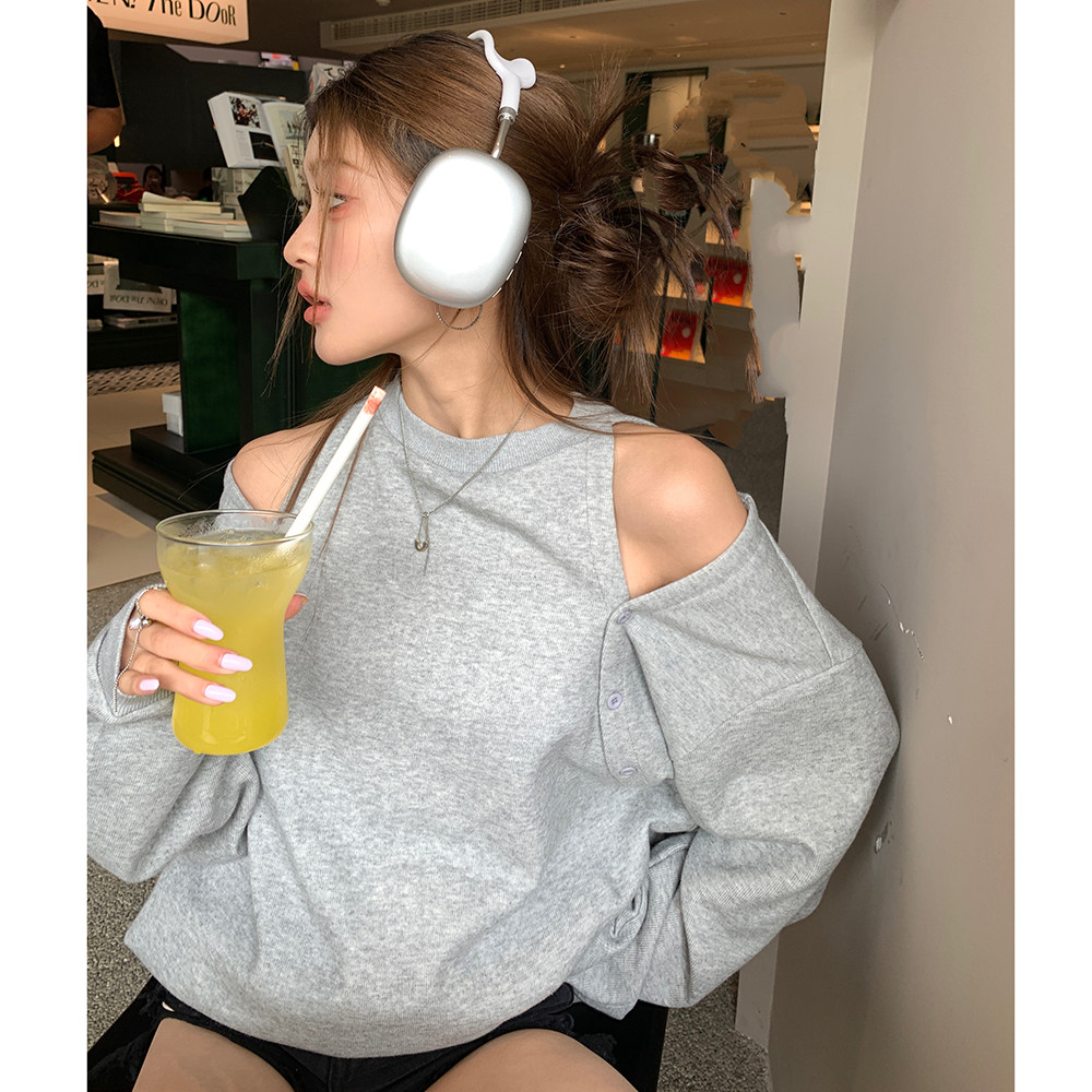 维忆Rae新款设计露肩卫衣女小心机显瘦遮肉慵懒风黑灰色上衣