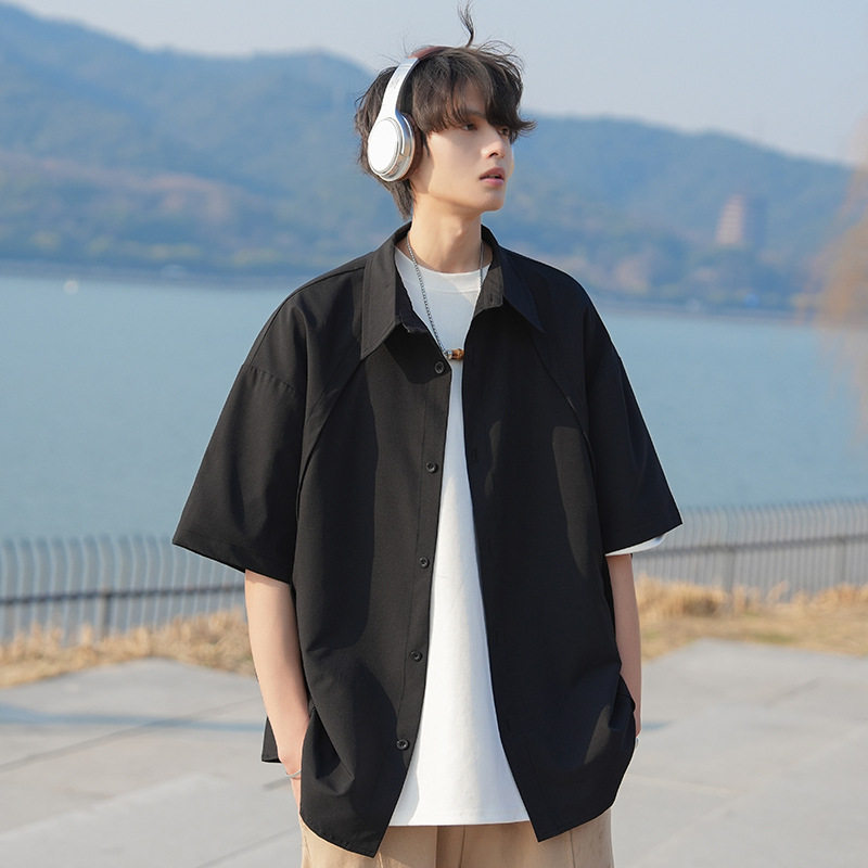 黑色短袖衬衫男款宽松2026新款简约百搭衬衣男士夏季轻薄透气外套