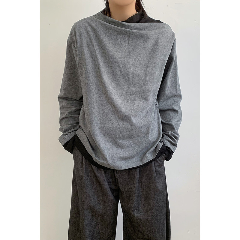 林弯弯美式春解构撞色T恤男女假两件黑灰拼接斜领长袖打底衫上衣,男装,T恤,淘宝优惠券,粉丝福利购,淘宝优惠卷