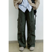 林弯弯春美式 潮 男女宽松休闲褶皱直筒阔腿裤 复古解构军绿色工装 裤