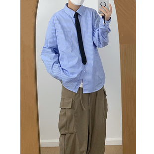 学院风春秋日系复古小清新竖条纹衬衣宽松长袖 男女叠穿外套 衬衫