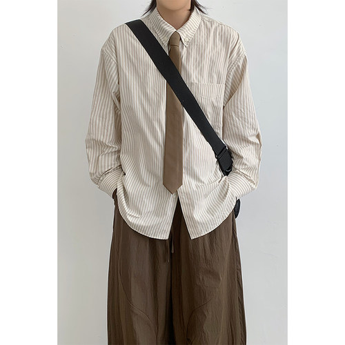 日系春秋条纹衬衫男女生长袖休闲复古vintage衬衣学院风防晒外套