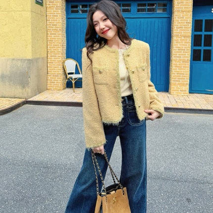 JUNJUN淡黄色小香风羽绒服，90白鸭绒！亮片流苏粗花呢外套大衣