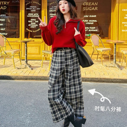 JUNJUN格子八分裤，潮人出街！百搭超乎想象！黑白格纹羊毛呢裤