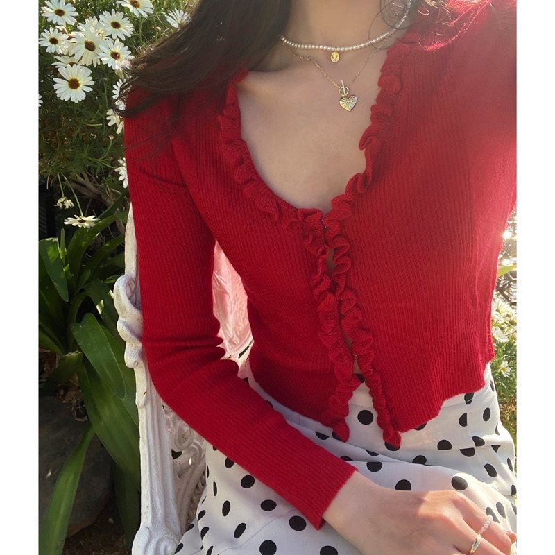 junjun撩人法式红针织衫 风情万种 大胆自信