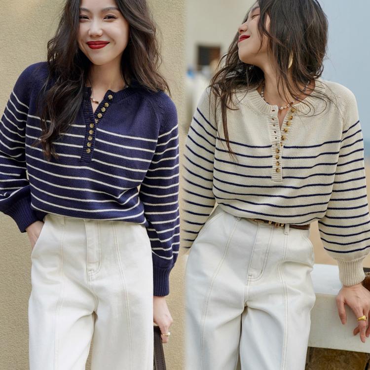 JUNJUN条纹纽扣羊毛毛衣，法国博主同款！经典优雅永不过时～