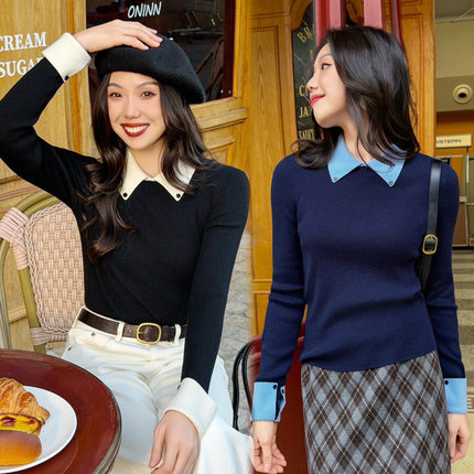 JUNJUN假两件纽扣针织衫，叠穿神器！单穿显瘦~