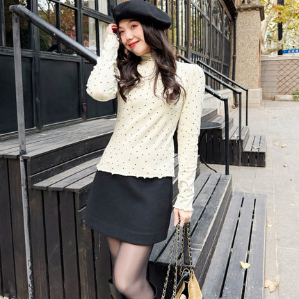 JUNJUN波点打底衫，磨毛~俏皮花边，法式复古打底衫