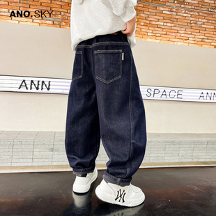 anothersky男童秋冬加绒厚裤子2025新款儿童青少年宽松直筒牛仔裤