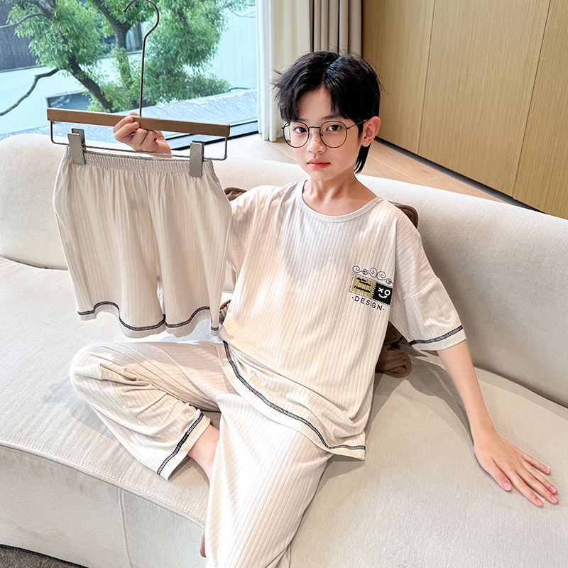男童莫代尔睡衣夏季三件套儿童夏款短袖家居服白色男孩夏天空调服