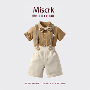 法国Miscrk夏季新款儿童周岁礼服英伦绅士西装短袖衬衫背带裤套装
