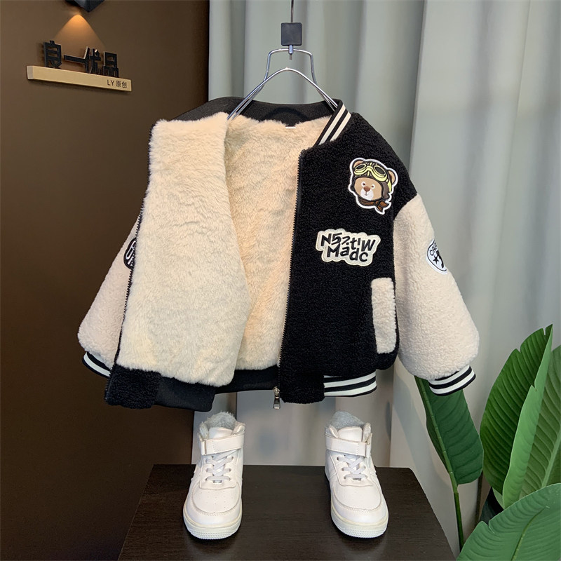 男童冬装加厚外套儿童棉服男宝宝冬季羊羔绒毛毛衣男孩痞帅棒球服