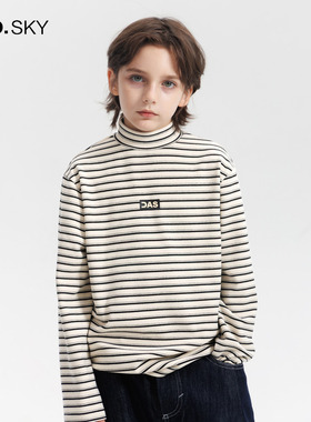 anothersky  男童冬季半高领长袖t恤2025新款儿童加厚条纹打底衫