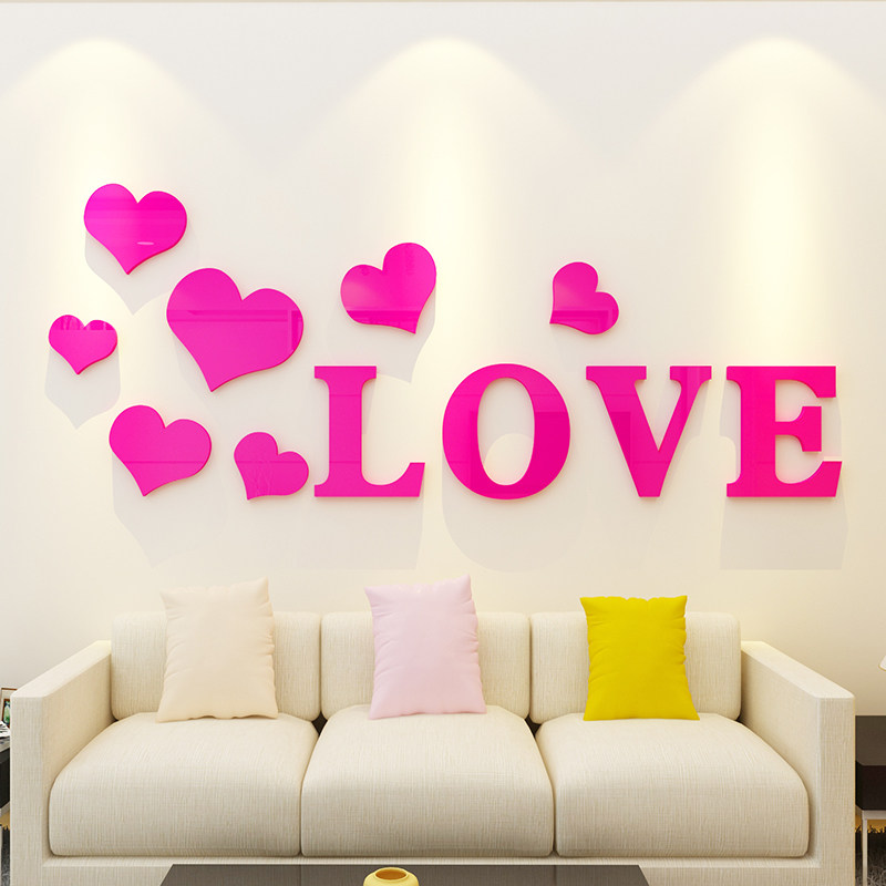 简约温馨浪漫卧室床头沙发背景墙布置LOVE爱心3D亚克力立体墙贴