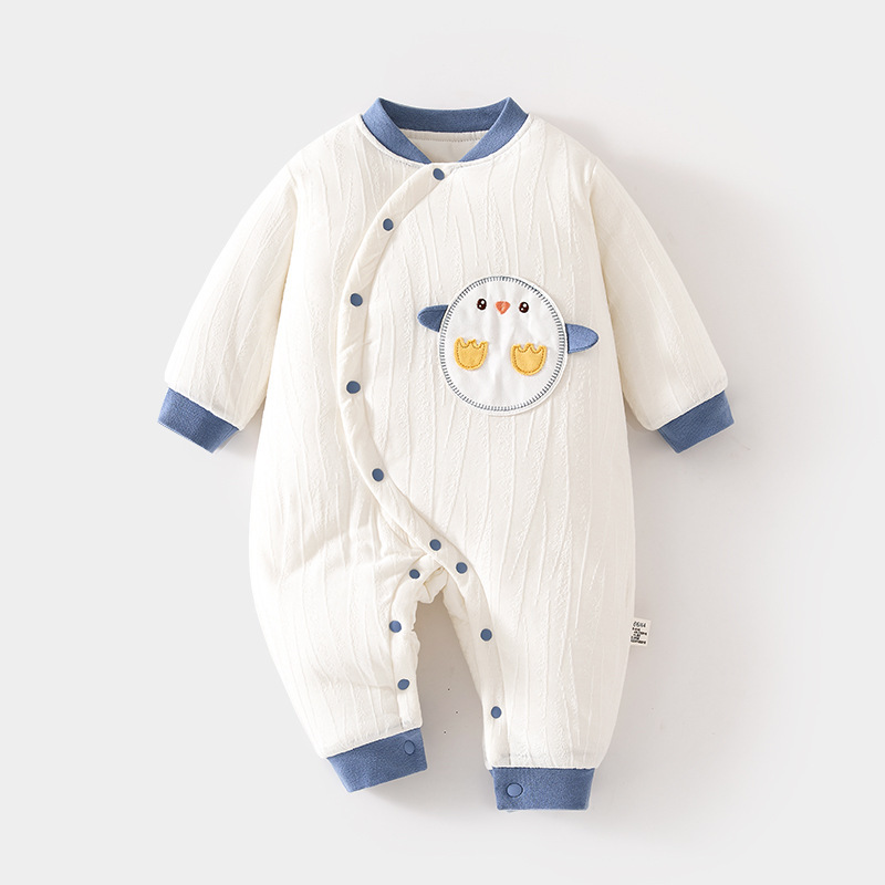 120克夹棉婴儿连体衣纯棉秋冬新款加厚保暖小鸡图案长袖爬服哈衣