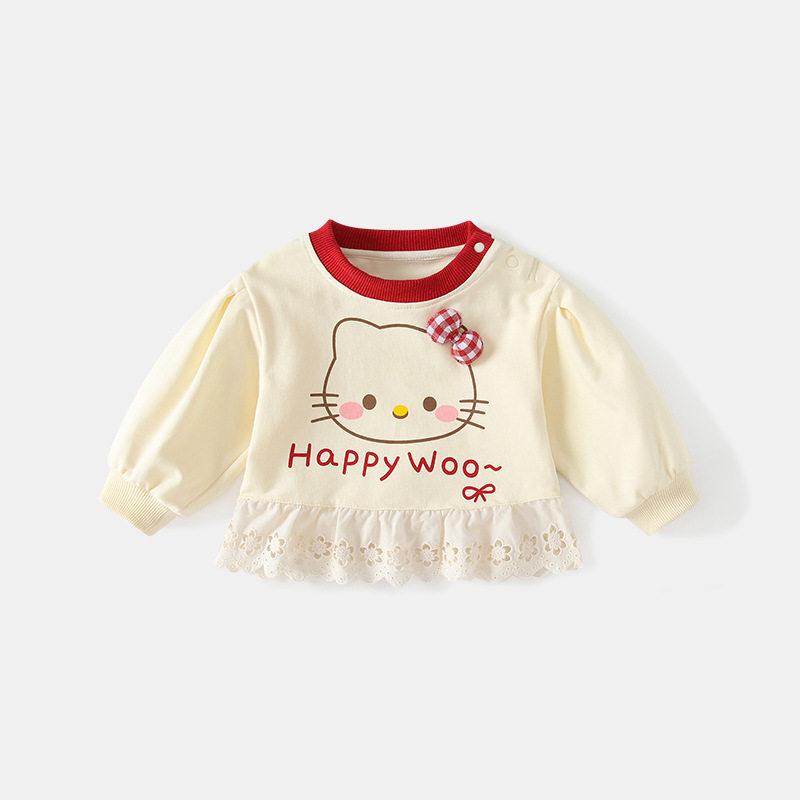 婴幼儿甜美可爱卫衣撞色圆领立体装饰套头衫小童蕾丝花边下摆上衣