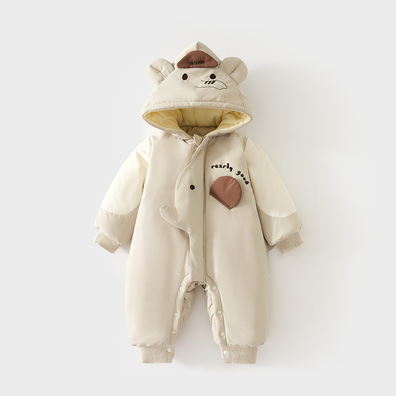 婴儿加绒夹棉连帽连体衣秋冬爬服