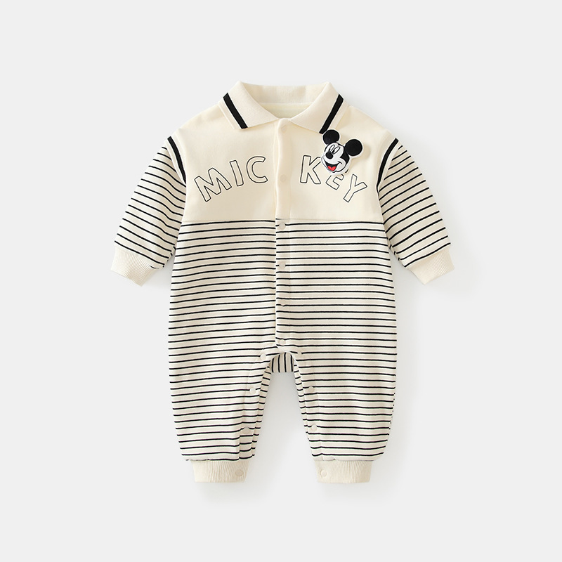 迪士尼男宝宝米奇条纹连体衣加绒保暖婴儿长袖爬服秋冬季外出哈衣