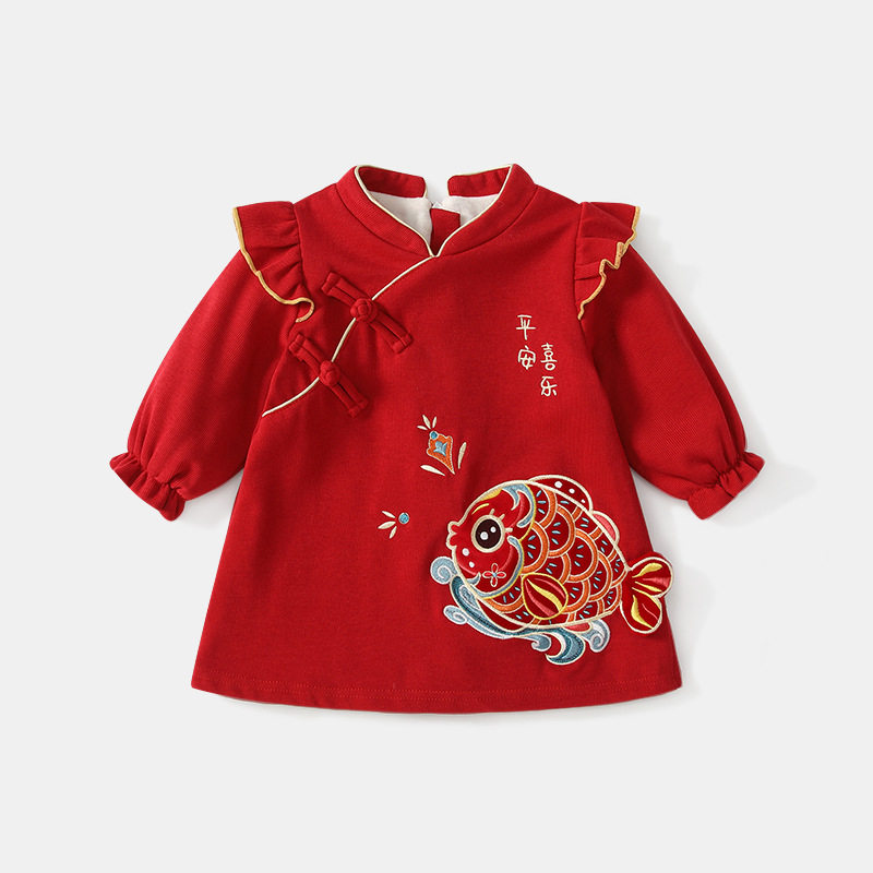 婴儿加绒连衣裙新中式秋冬女宝宝周岁礼服公主裙新年装拜年服裙子