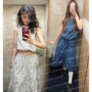 女 高腰A字半身裙套装 eihey诶嘿日系轻熟风复古无袖 格纹背心上衣