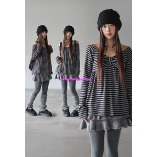 eihey诶嘿蝴蝶结经典 上衣女 条纹设计日系轻亚感一字露肩打底长袖