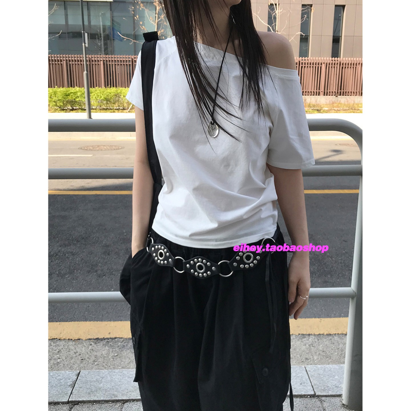 eihey诶嘿慵懒宽松简约百搭斜肩短袖T恤女夏季气质显瘦露肩上衣女