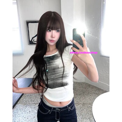 eihey诶嘿美式复古休闲圆领短袖T恤女修身显瘦晕染印花短款上衣女