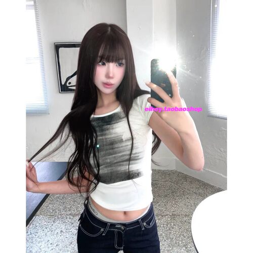 eihey诶嘿美式复古休闲圆领短袖T恤女修身显瘦晕染印花短款上衣女