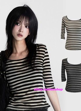 eihey诶嘿2026秋季修身条纹撞色T恤五分中袖微透绝美短袖上衣女