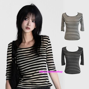 eihey诶嘿2026秋季修身条纹撞色T恤五分中袖微透绝美短袖上衣女