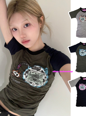 eihey诶嘿夏季新款图案褶皱弹力插肩短袖百搭时尚短款上衣T恤女