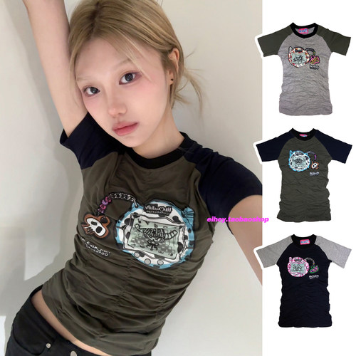 eihey诶嘿夏季新款图案褶皱弹力插肩短袖百搭时尚短款上衣T恤女